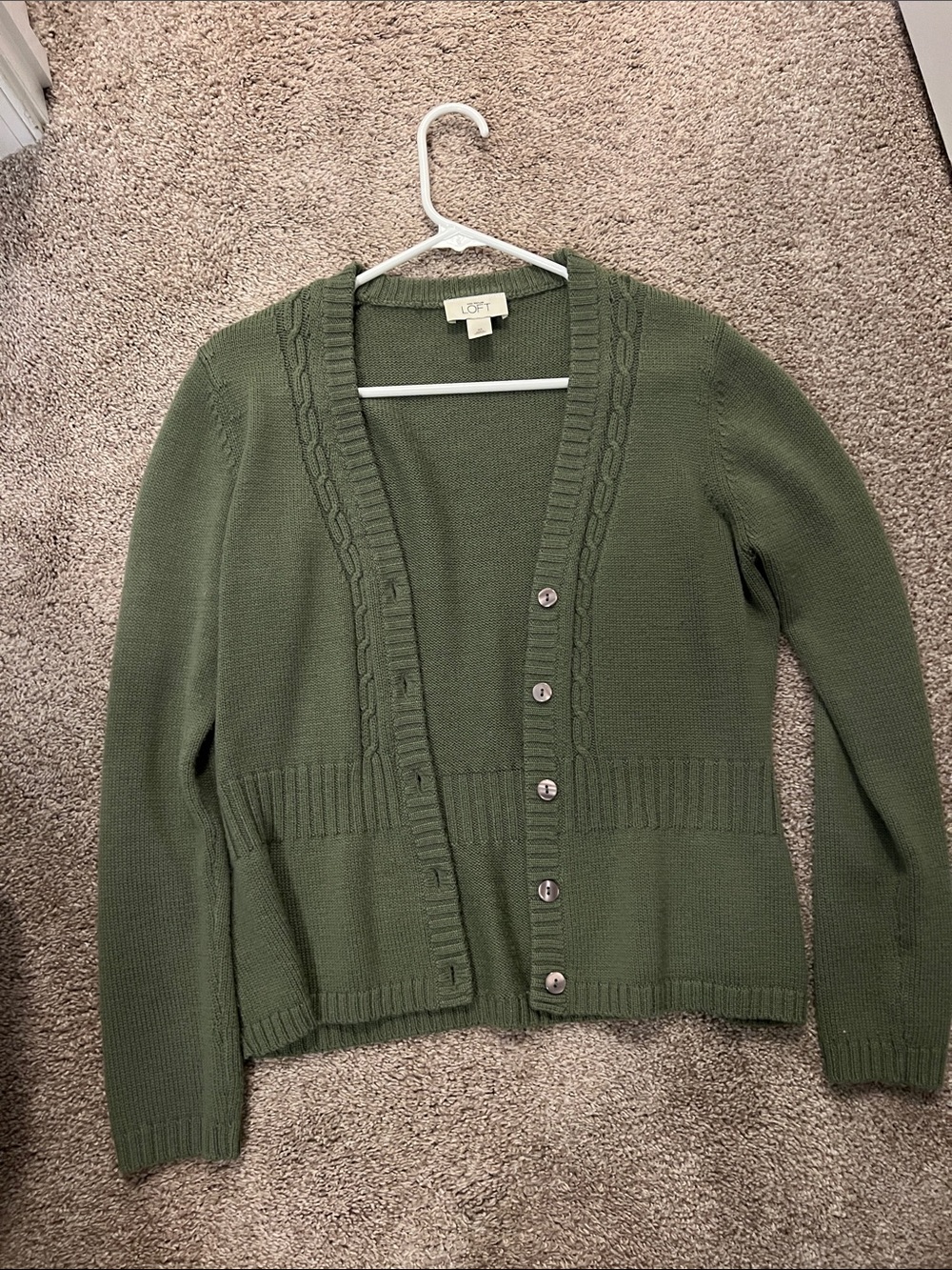 LOFT Olive Cable-Trim Button-Up Cardigan